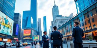 Financial professionals engage in discussion in a bustling city.