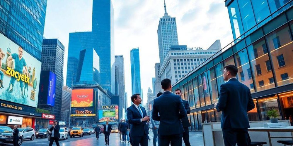 Financial professionals engage in discussion in a bustling city.