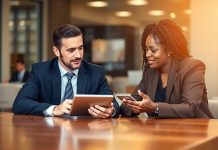 Professional advisor guides client, financial planning.