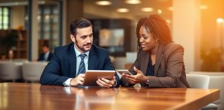 Professional advisor guides client, financial planning.