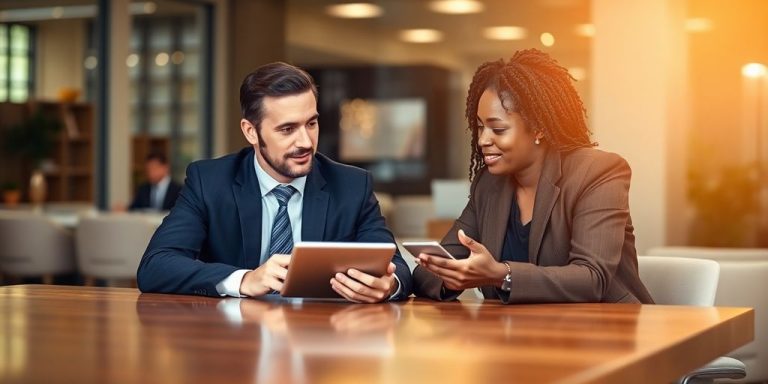 Professional advisor guides client, financial planning.