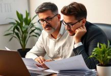 Investor analyzing financial data with laptop and documents.