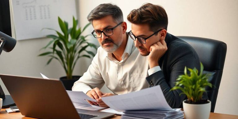 Investor analyzing financial data with laptop and documents.