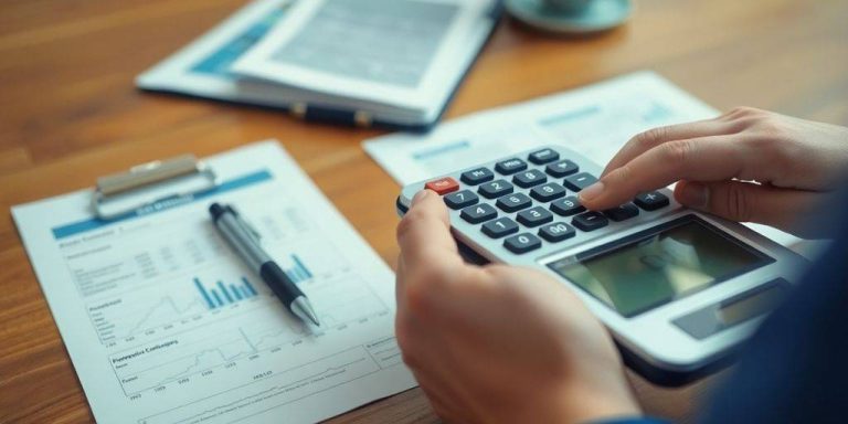Person calculating investments with documents and calculator.
