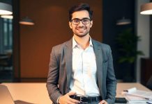Young professional in finance setting, ready to start career.