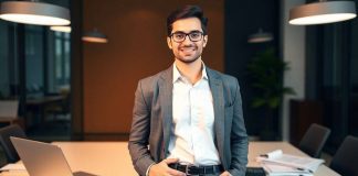 Young professional in finance setting, ready to start career.