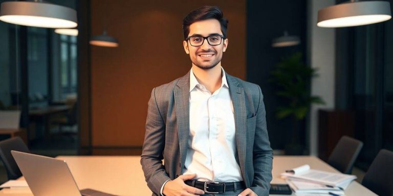 Young professional in finance setting, ready to start career.