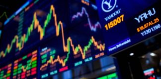 Colorful stock market display with dynamic trading floor atmosphere.