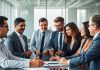 Group of finance professionals collaborating in a modern office.