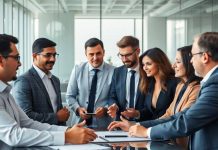 Group of finance professionals collaborating in a modern office.