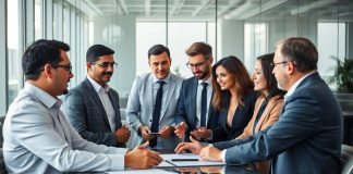 Group of finance professionals collaborating in a modern office.