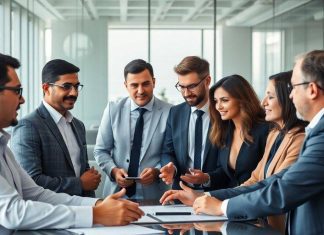 Group of finance professionals collaborating in a modern office.