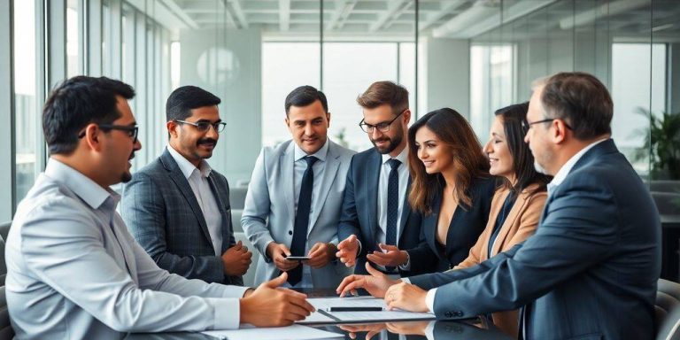 Group of finance professionals collaborating in a modern office.