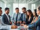 Group of finance professionals collaborating in a modern office.