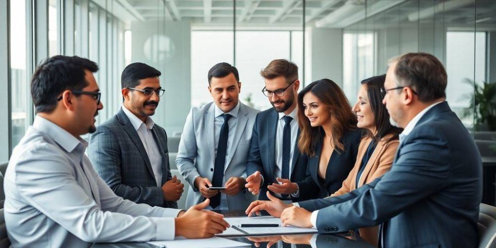 Group of finance professionals collaborating in a modern office.