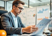 Fund manager analyzing data in a modern office.