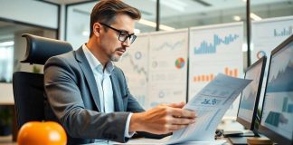 Fund manager analyzing data in a modern office.