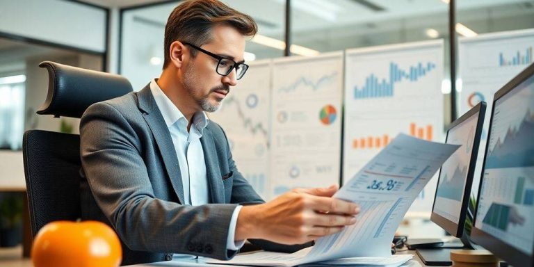 Fund manager analyzing data in a modern office.