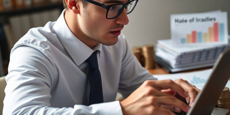 Professional analyzing finances with coins and publications in background.