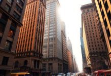 Skyscrapers, financial district, bustling New York City street.