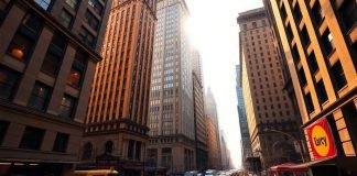 Skyscrapers, financial district, bustling New York City street.