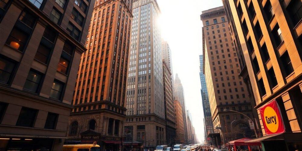 Skyscrapers, financial district, bustling New York City street.
