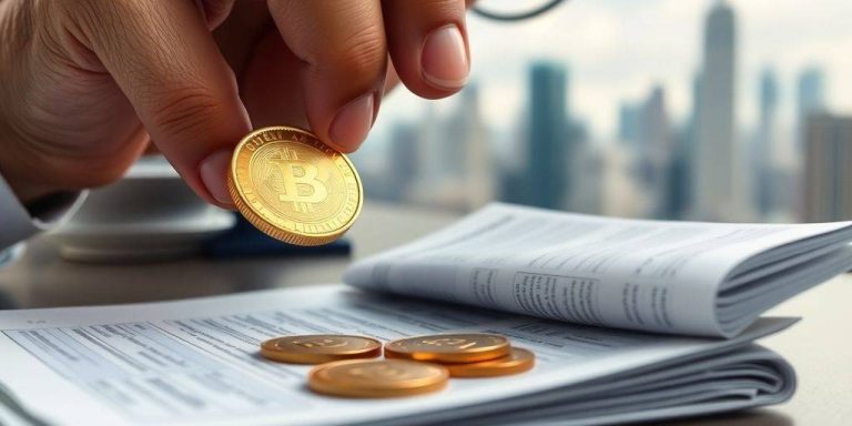 Person examining gold coins and financial documents.