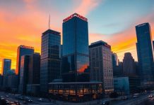 City skyline at dusk highlighting financial district buildings.