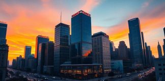 City skyline at dusk highlighting financial district buildings.