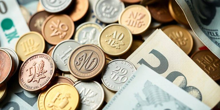 Assorted coins and banknotes representing investment and economy.
