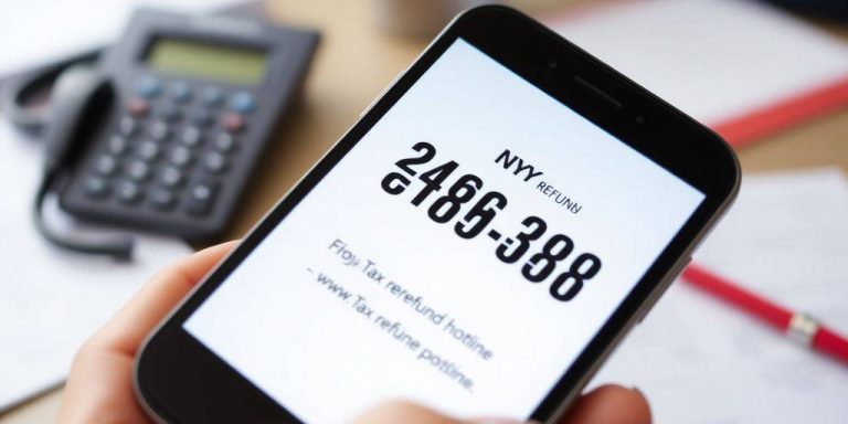 Close-up of a smartphone showing tax refund hotline number.