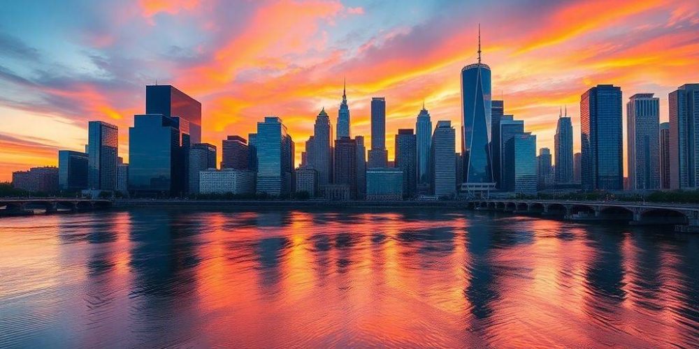 City skyline at sunset representing investment opportunities in 2025.