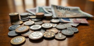 Coins and currency, vibrant setting.
