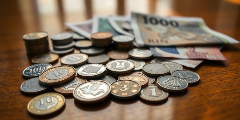 Coins and currency, vibrant setting.