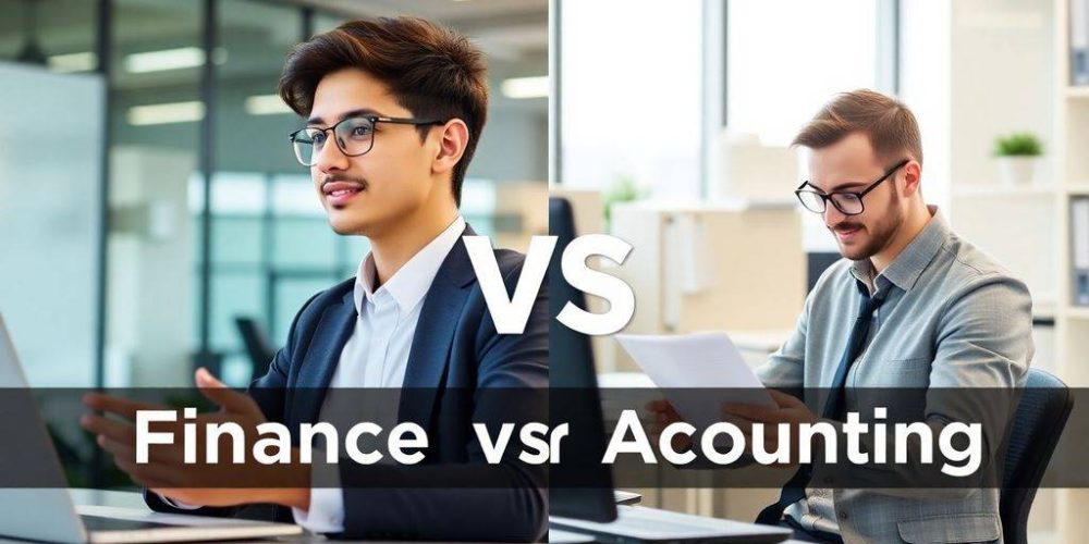 Two professionals in finance and accounting environments.