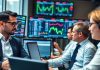 Professionals analyzing data in a high-tech trading office.