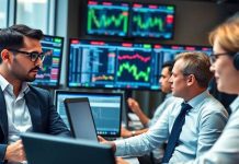 Professionals analyzing data in a high-tech trading office.