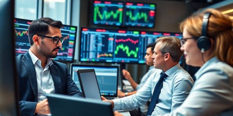 Professionals analyzing data in a high-tech trading office.