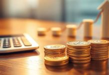 Golden coins, ascending arrow, a calculator on a table.