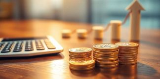 Golden coins, ascending arrow, a calculator on a table.