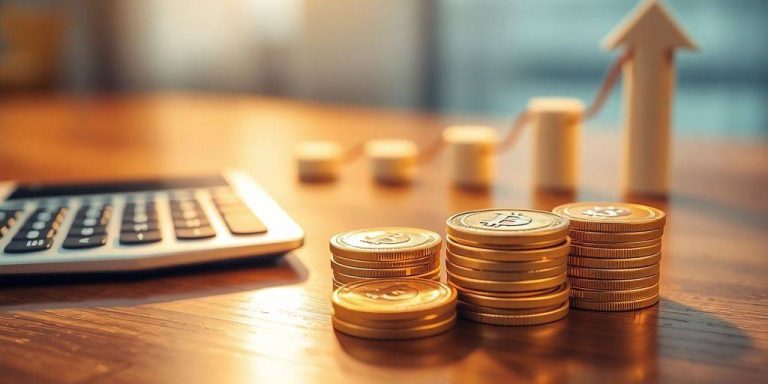 Golden coins, ascending arrow, a calculator on a table.