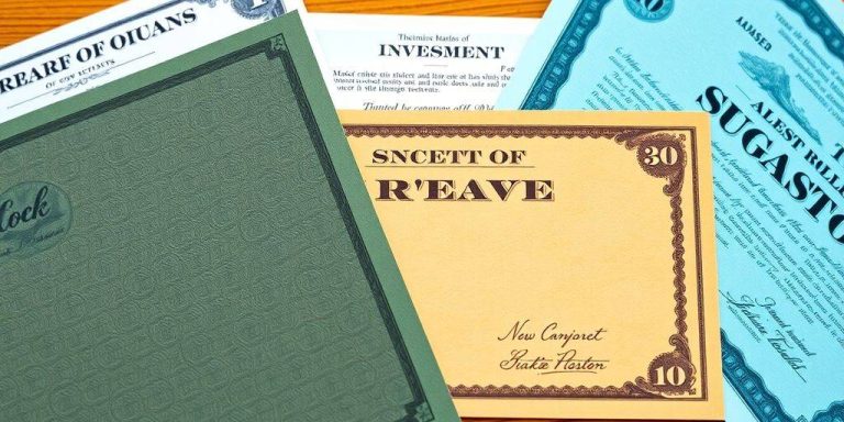 Three stock certificates on a wooden desk.