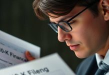 Business professional reviewing financial documents in an office.