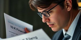 Business professional reviewing financial documents in an office.