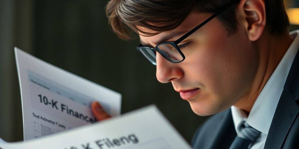Business professional reviewing financial documents in an office.