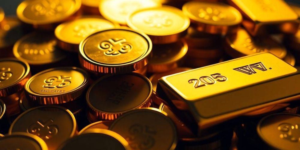 Gold coins and bars glowing in soft, inviting light.
