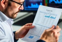 Financial analyst examining investment documents and data.