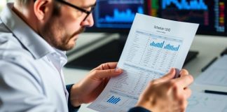 Financial analyst examining investment documents and data.