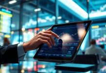 Financial analyst reviewing stock market data on a tablet.
