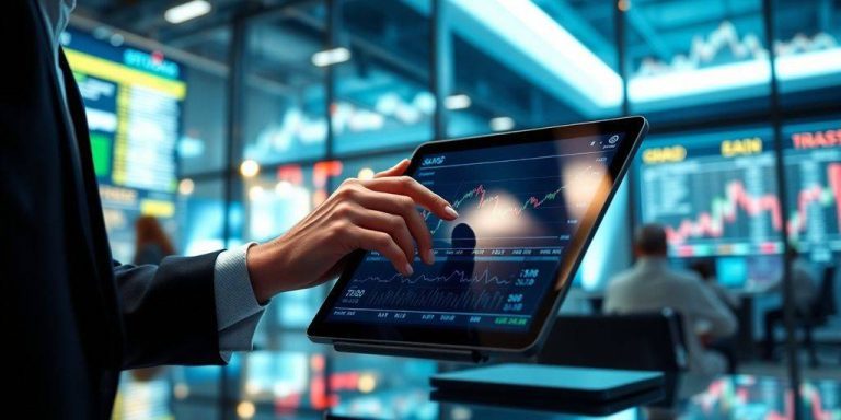 Financial analyst reviewing stock market data on a tablet.